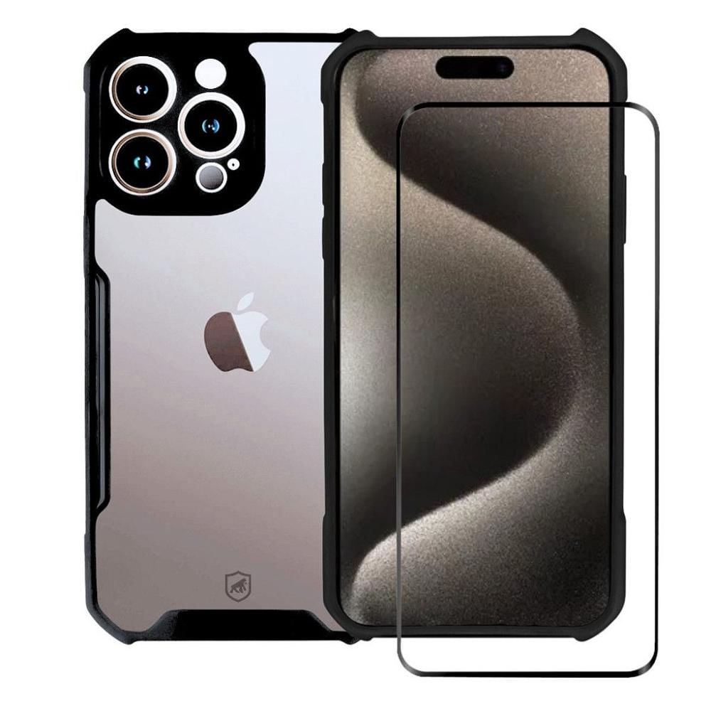 Kit Capa Dual Shock X e Pelicula Coverage 5D Pro Preta para iPhone 15 Pro Max - Gshield