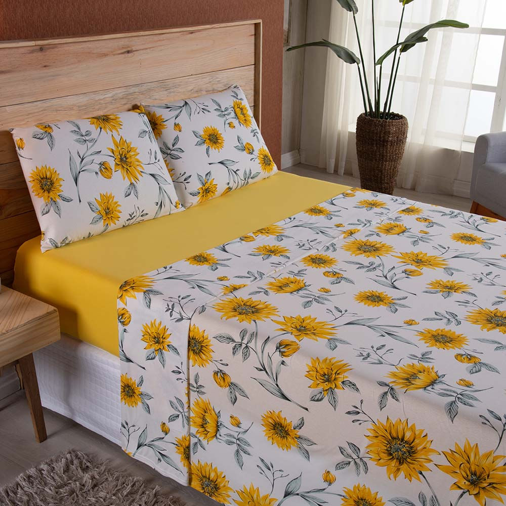 Jogo de Lençol Dallas Soft Queen 4 Peças Malha 100% Algodão - Floral Amarelo
