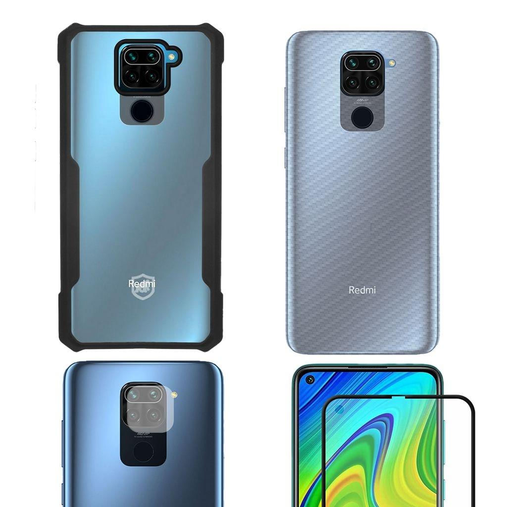 Película Defender Glass + Camera + Fibra de Carbono + Capa Dual Shock X Para Redmi Note 9 - Gshield