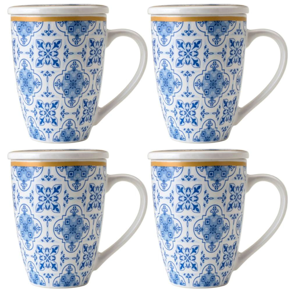 Jogo 4 Xícaras de Chá Porcelana Branca com Tampa e Infusor Inox 310ml Lisboa Lyor Azul