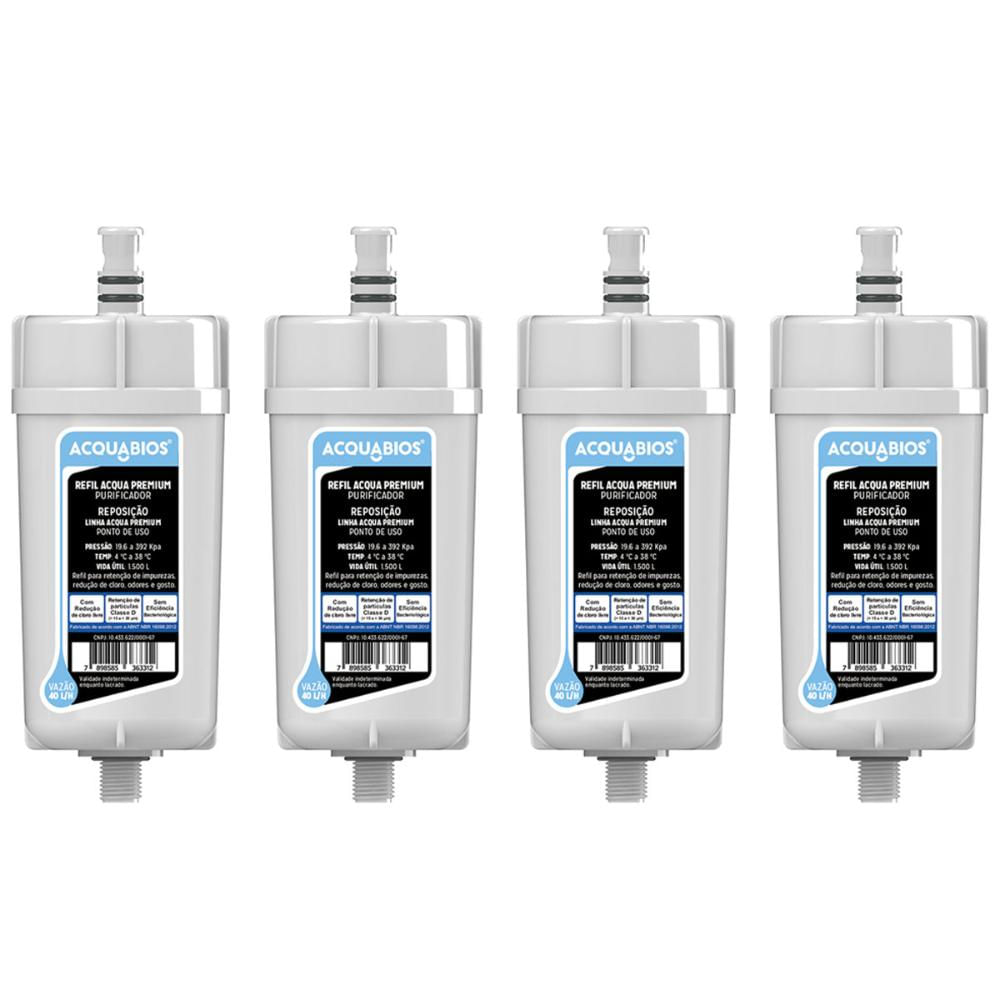 Kit 4 Refis Purificadores de Água com Tripla Filtragem para Torneira com Filtro Premium Acquabios