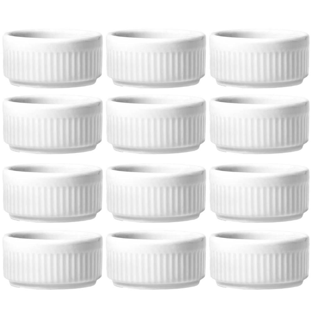 Jogo 12 Ramekins Molheiras de Porcelana 85ml Branco Canelado Pequeno Germer