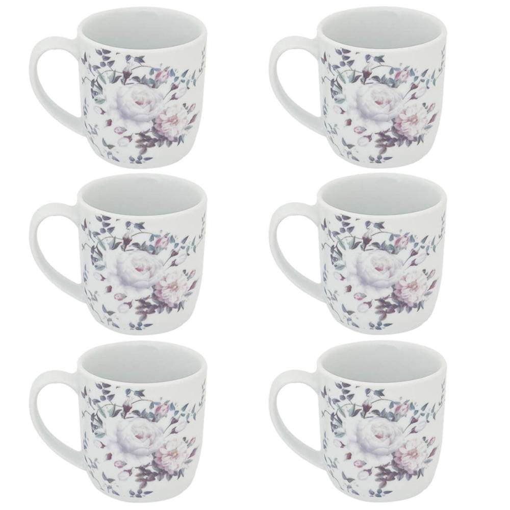 Conjunto 6 Xícaras Grande Porcelana de Chá Café Florida 360ml Branca Germer Garden Urban