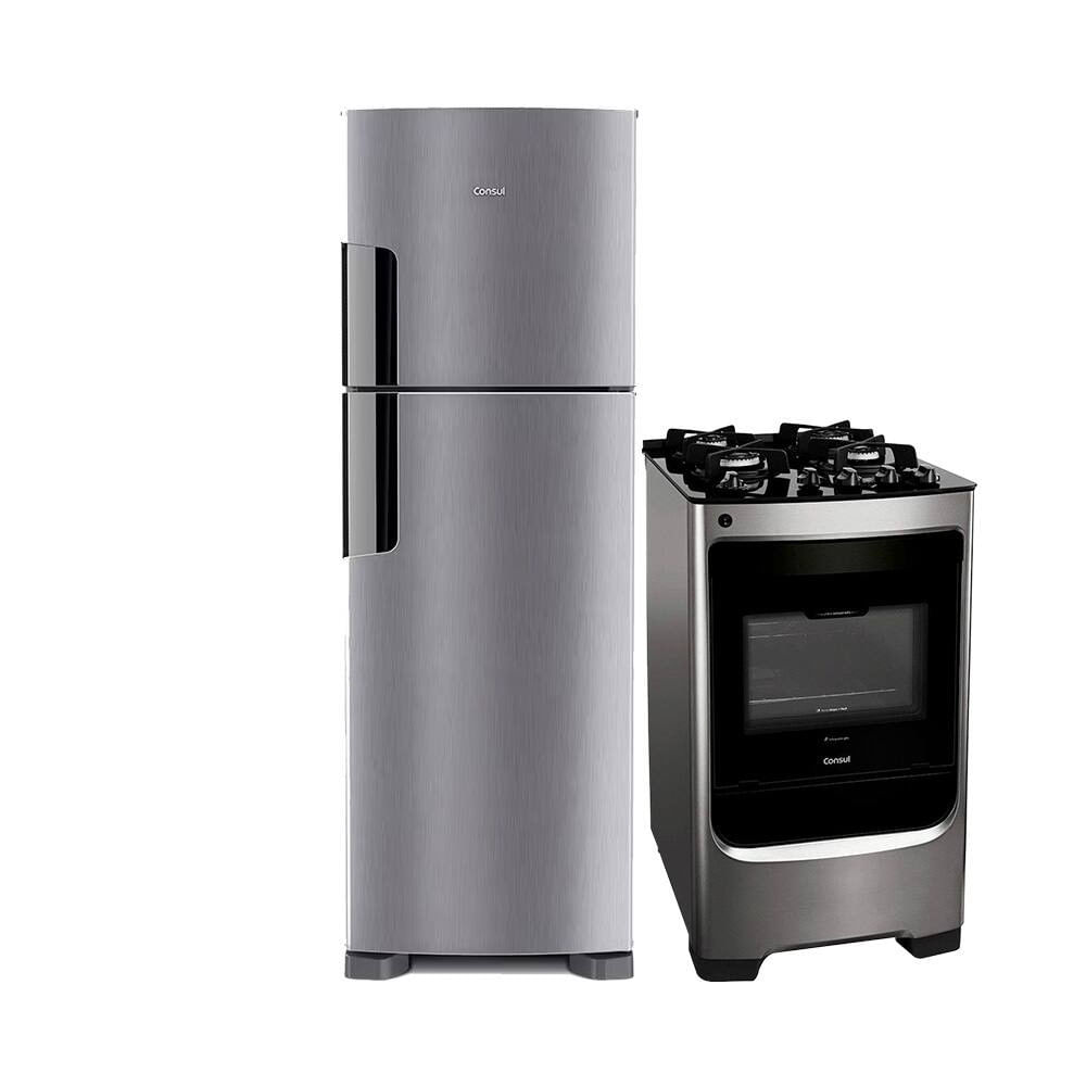 Geladeira Consul Frost Free Duplex CRM44AK Inox 386L + Fogão 4 Bocas Consul com Mesa de Vidro