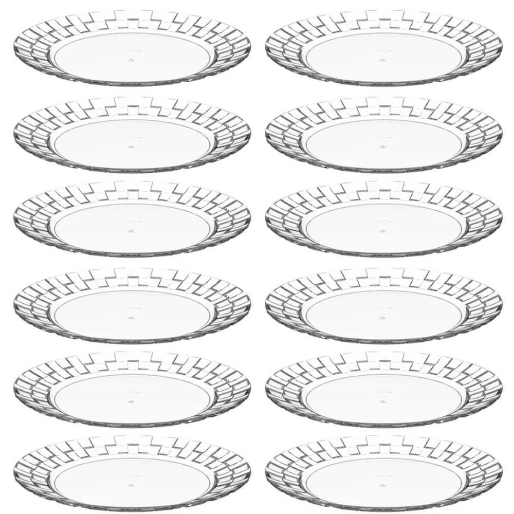 Conjunto 12 Pratos Grandes Plástico Resistente 26cm Transparentes Crippa