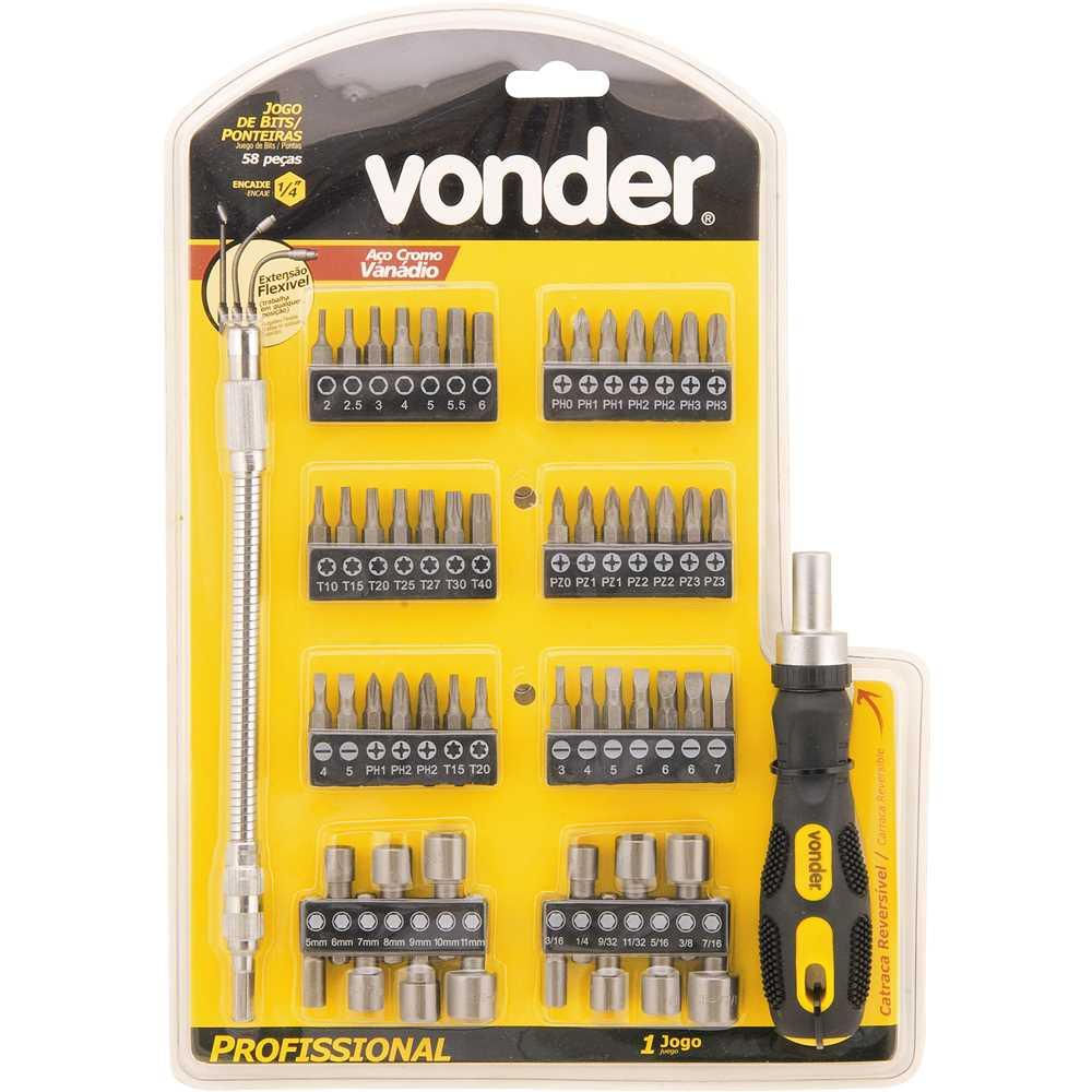 Jogo de bits/ponteiras com 58 peças encaixe sextavado 1/4" VONDER