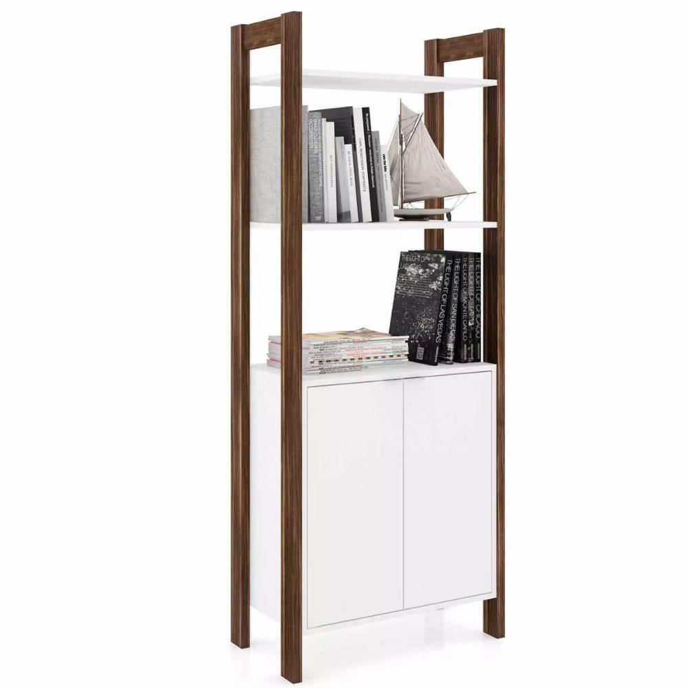 Estante para Livros Multiuso com 2 Portas e 1 Prateleira Branco e Nogal AZ1009 Tecnomobili Livreiro Escritório