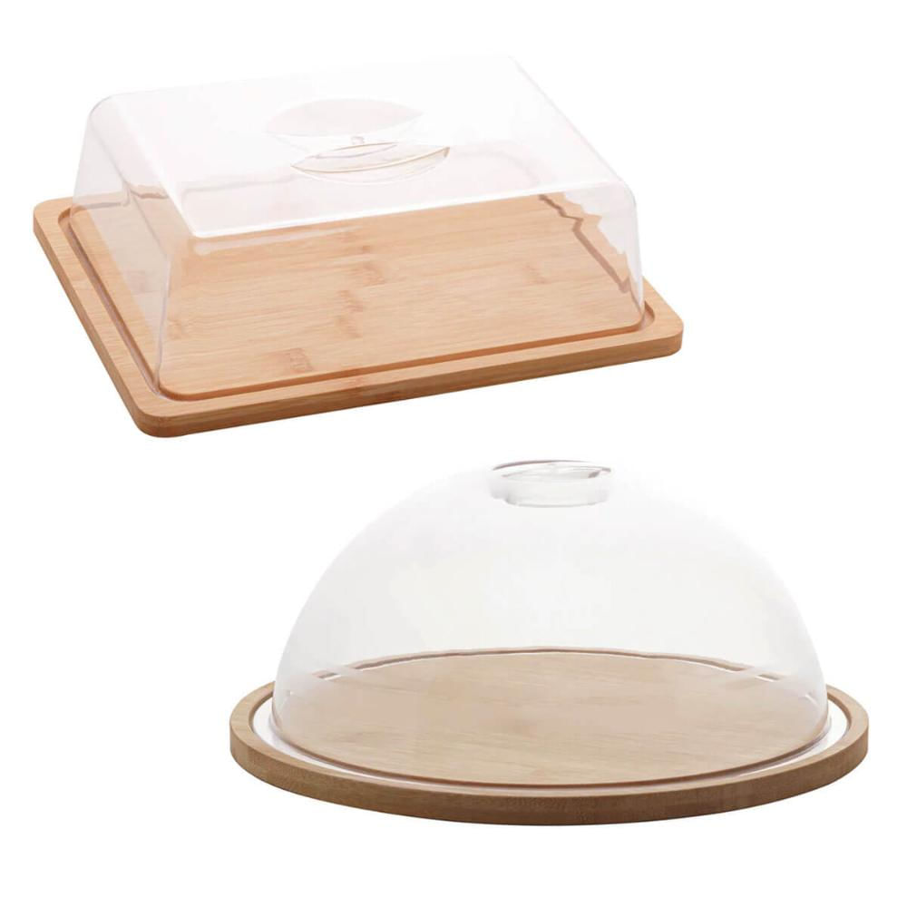 Conjunto Queijeira Redonda e Porta Frios Bambu com Tampa Plástica Lyor Mesa Posta