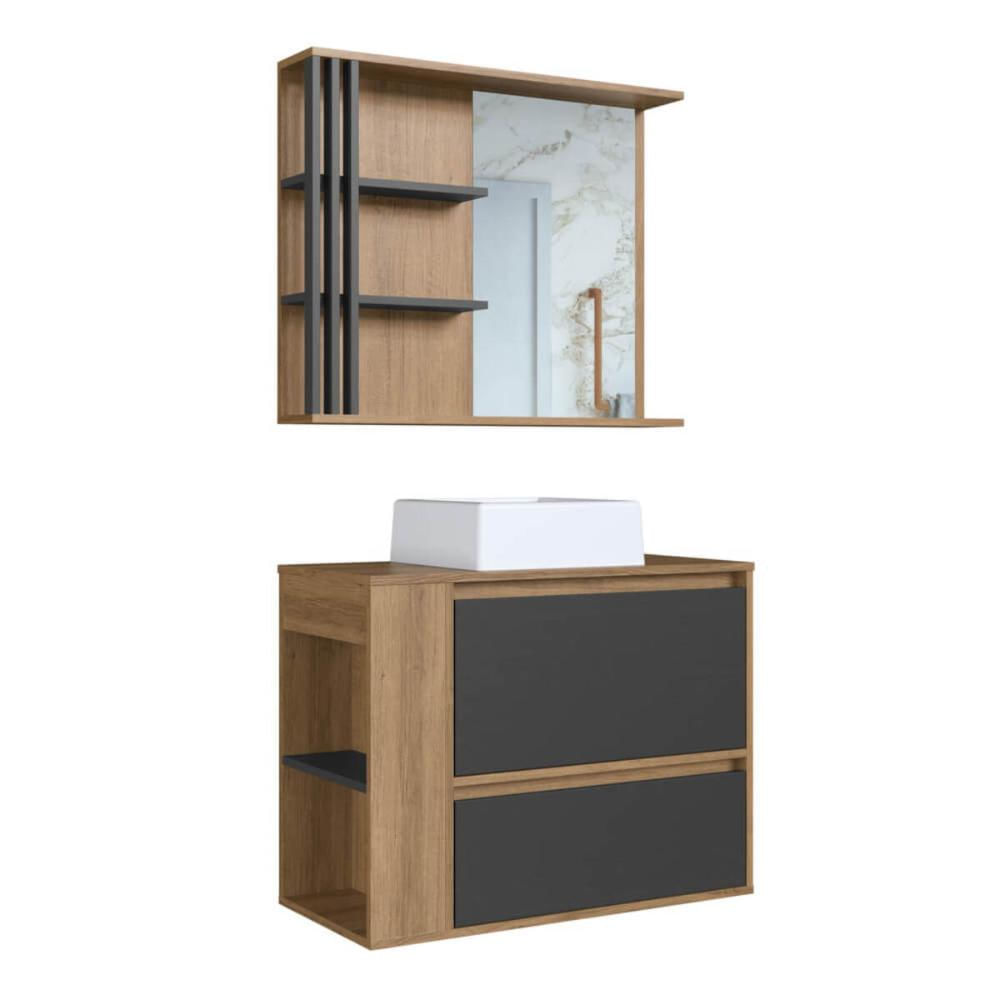 Gabinete 80cm Estela Mel Grafite Cuba Branca com Espelheira 1 Gavetão E 1 Basculante Armário de Banheiro