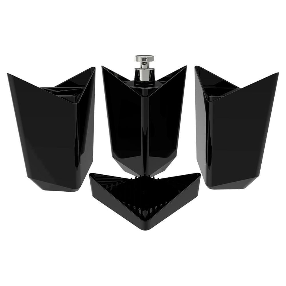 Kit Lavabo Prisma Preto 4Pç Porta Escova Algodão e Sabonetes Conjunto para Banheiro Crippa