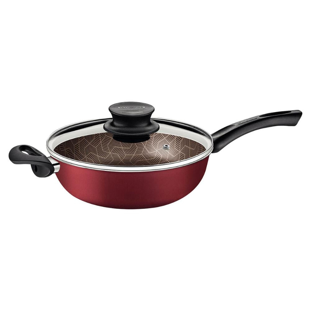 Frigideira Wok Antiaderente de Starflon com Tampa de Vidro 24cm Tramontina Paris 2,8l Vermelho