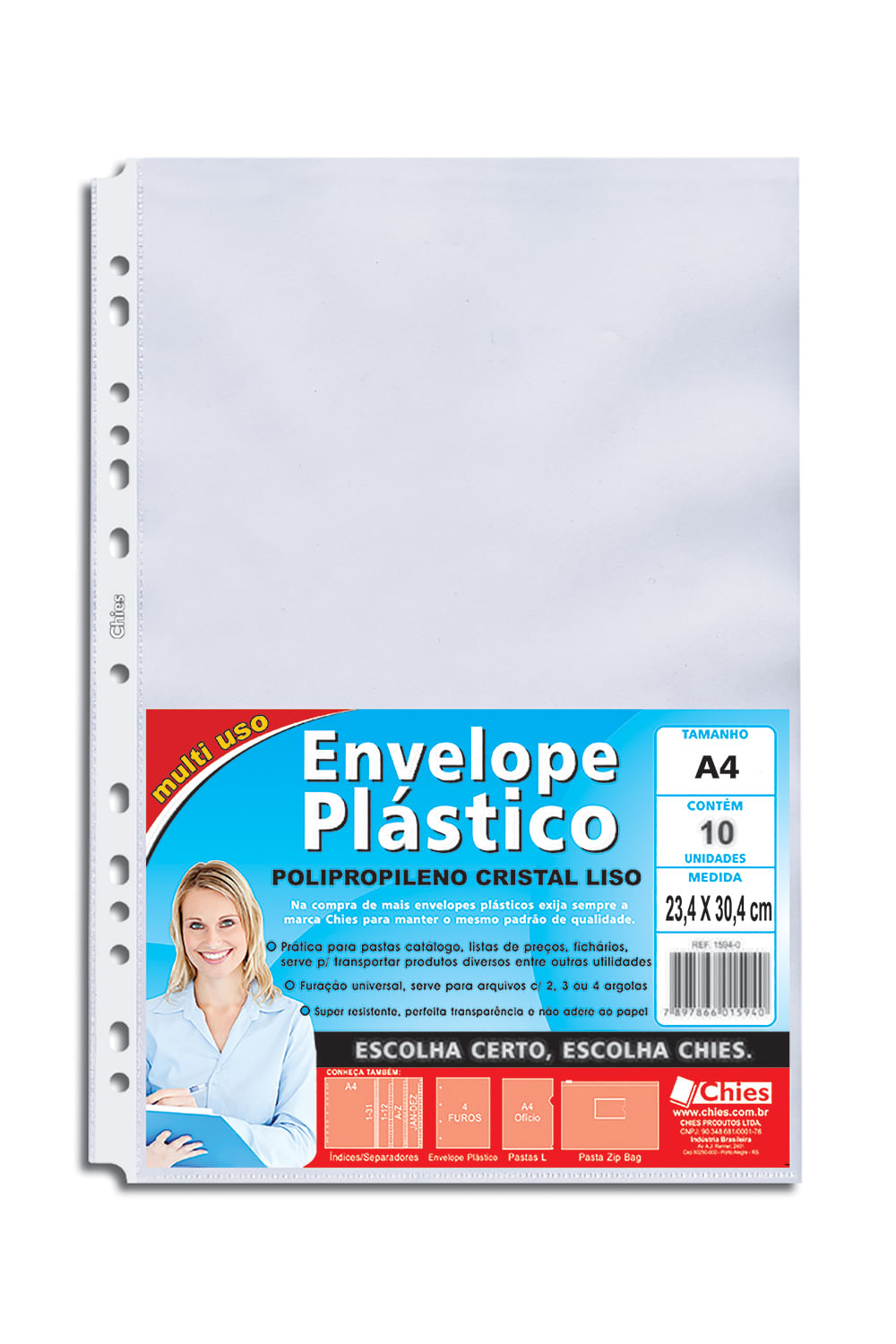 Envelope Plástico Chies A4 Refil Furação Universal com 10 Folhas