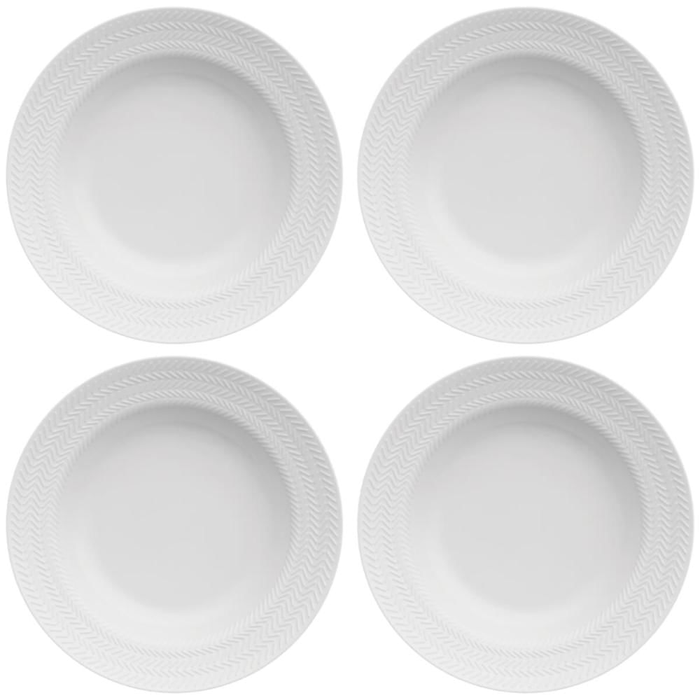 Jogo 4 Pratos Fundos 23,5cm Porcelana Germer Relevo Chevron Brancos Redondos