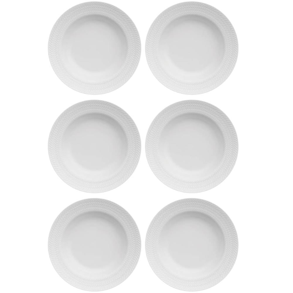 Jogo 6 Pratos Fundos Redondos 23,5cm Porcelana Relevo Germer Branco Mesa Posta