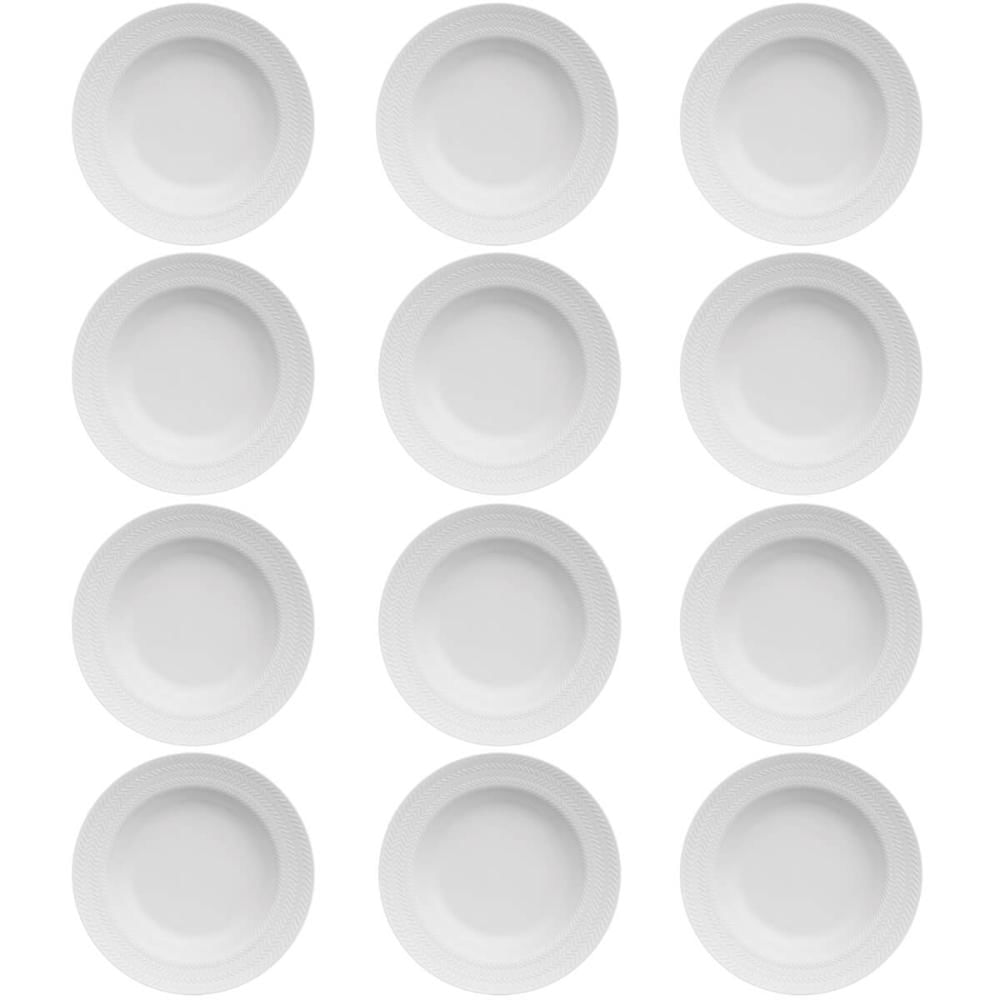 12 Pratos Fundos 23,5cm Porcelana Relevo Chevron Germer Redondo Branco