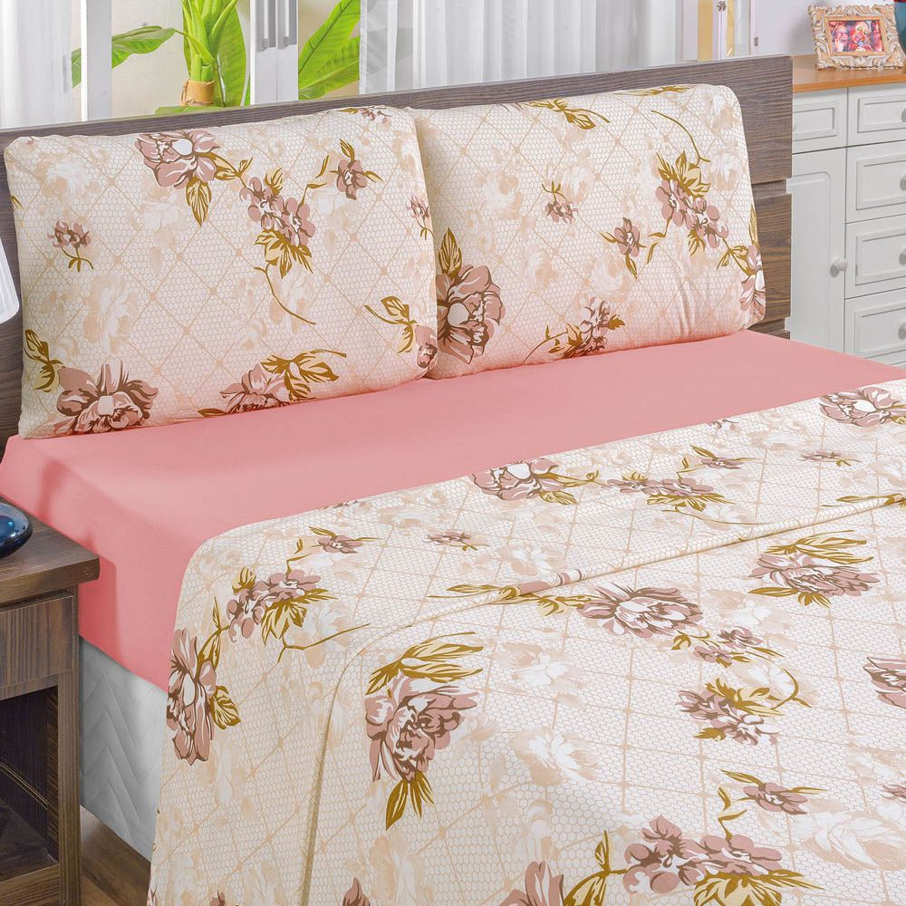 Jogo de Cama Solteiro Quality Estampado Malha 100% Algodão 3 Peças - Rosê