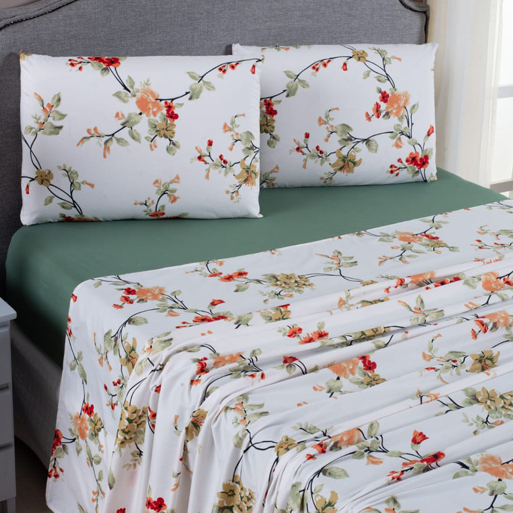 Jogo de Lençol Mabele Queen 4 Peças Micro Percal 400 Fios Estampado Floral - Verde