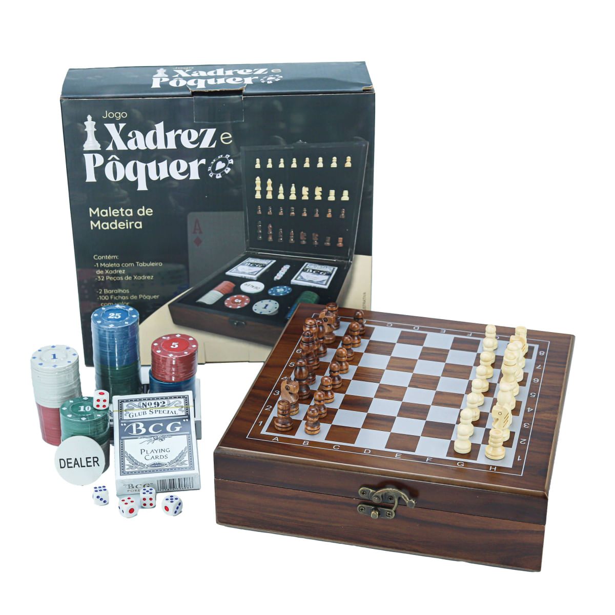 Jogo Xadrez Poker Tabuleiro Madeira Maleta Fichas dados Pôquer Baralho Dados 24x24cm