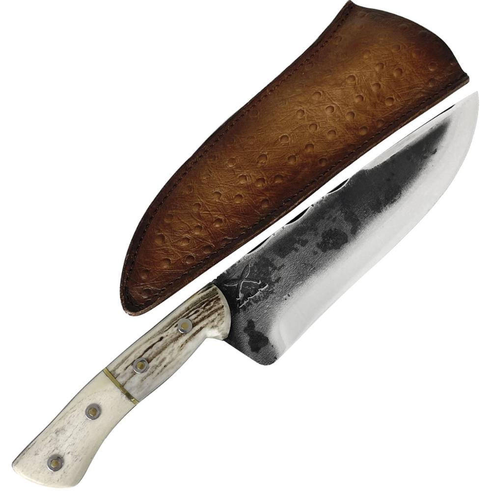 Faca Picanheira 9' Brut Forge Aço Carbono 1070 5mm Cabo Chifre de Cervo e Osso com Bainha Zanline