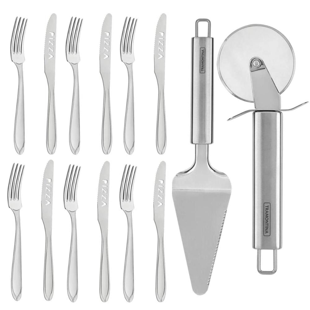 Kit Para Pizza em Aço Inox 12 Talheres 1 Espátula e 1 Cortador Laguna Tramontina Cinza