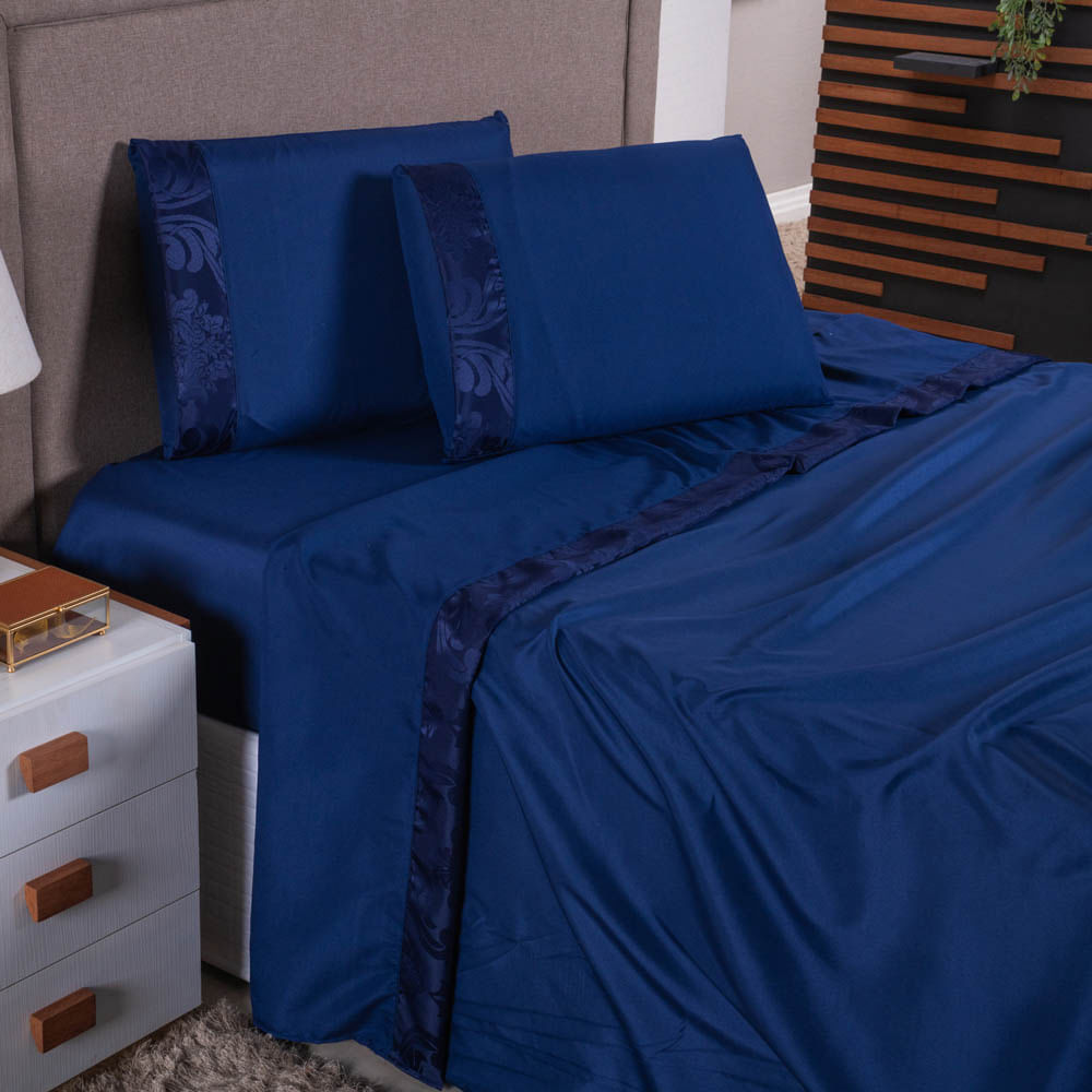 Jogo de Lençol Zurique Queen 4 Peças Micro Percal 400 Fios Friso Decorativo - Azul Marinho