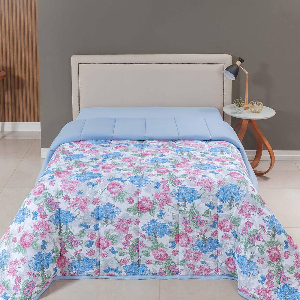 Edredom Queen Luar Super Macio Malha 100% Algodão Dupla Face 01 Peça - Azul Floral
