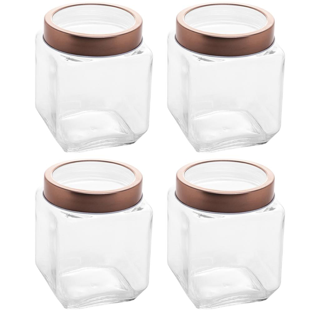 Kit 4 Pote de Vidro 1,2L Quadrado com Tampa Metal Mantimentos Rosé Gold Gran Gastro Lyor