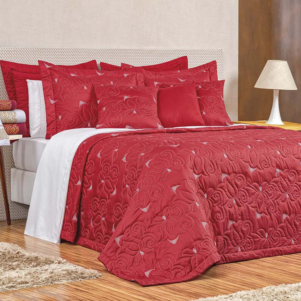 Kit Cobre Leito Colcha Marie King 3 Peças Bordado Floral 180 Fios - Vermelho