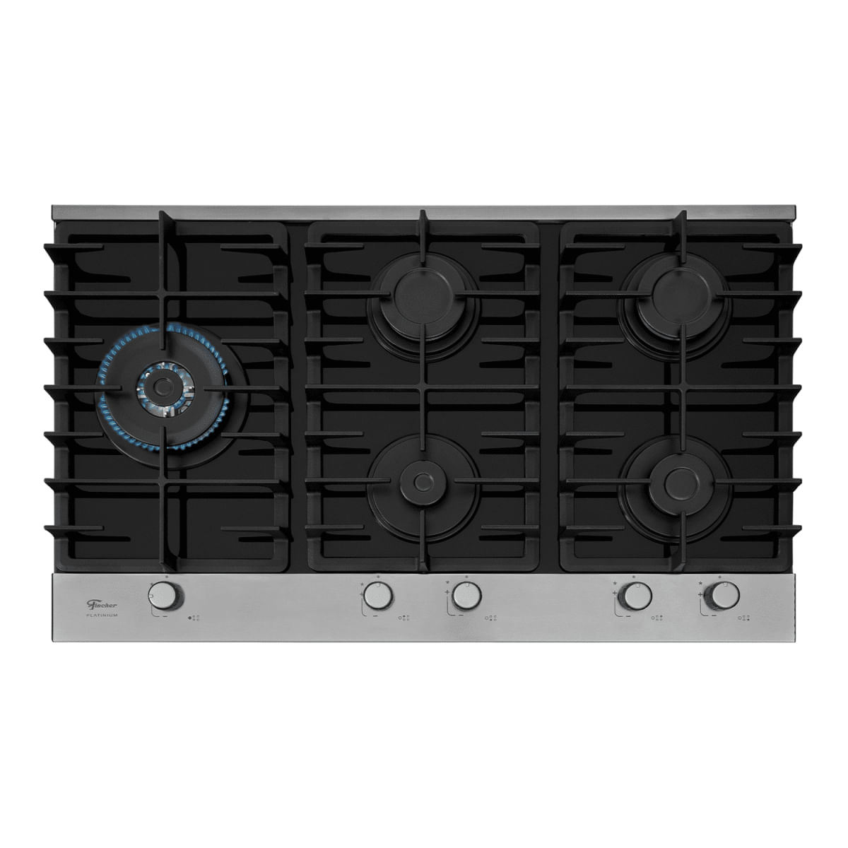 Cooktop a Gás Fischer 5 Bocas Tripla Chama Platinium com Trempe de ferro fundido Mesa Vidro Bivolt