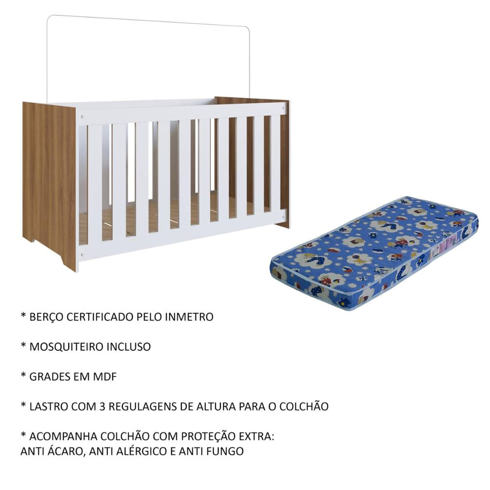 Berço com Regulagem e Colchão Nogal e Branco Completa Móveis