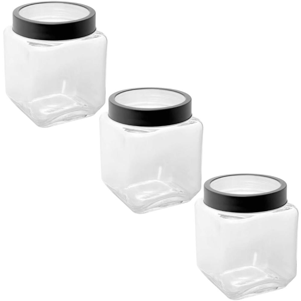 Kit 3 Potes de Vidro 1,2L Gastro Lyor com Tampa de Metal e Acrílico Quadrado para Mantimentos Alimentos