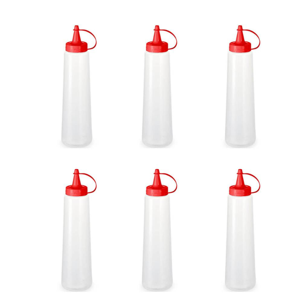 Kit 6 Bisnagas para Molhos 400ml Plástica Ketchup Tampa Vermelha Mostarda Maionese Plasvale