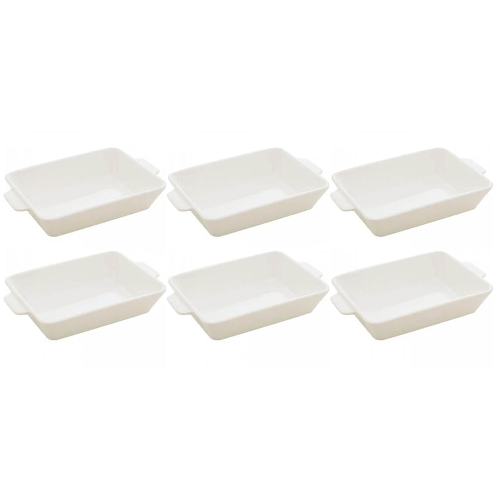 Kit 6 Refratários 23,5x15x5cm Travessa Porcelana Branca com Alça Funda Lyor Basic