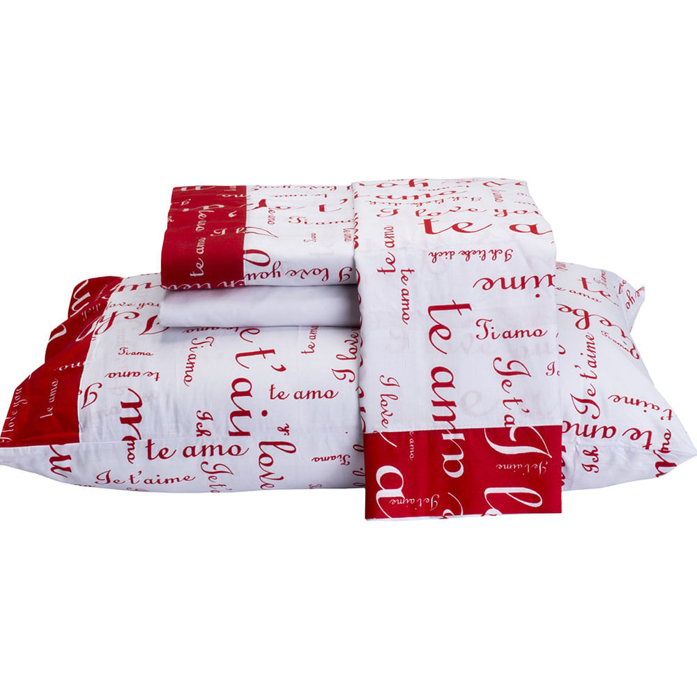 Jogo de Lençol Te Amo Queen 4 Peças Estampado 100% Algodão Percal 150 Fios - Vermelho/Branco