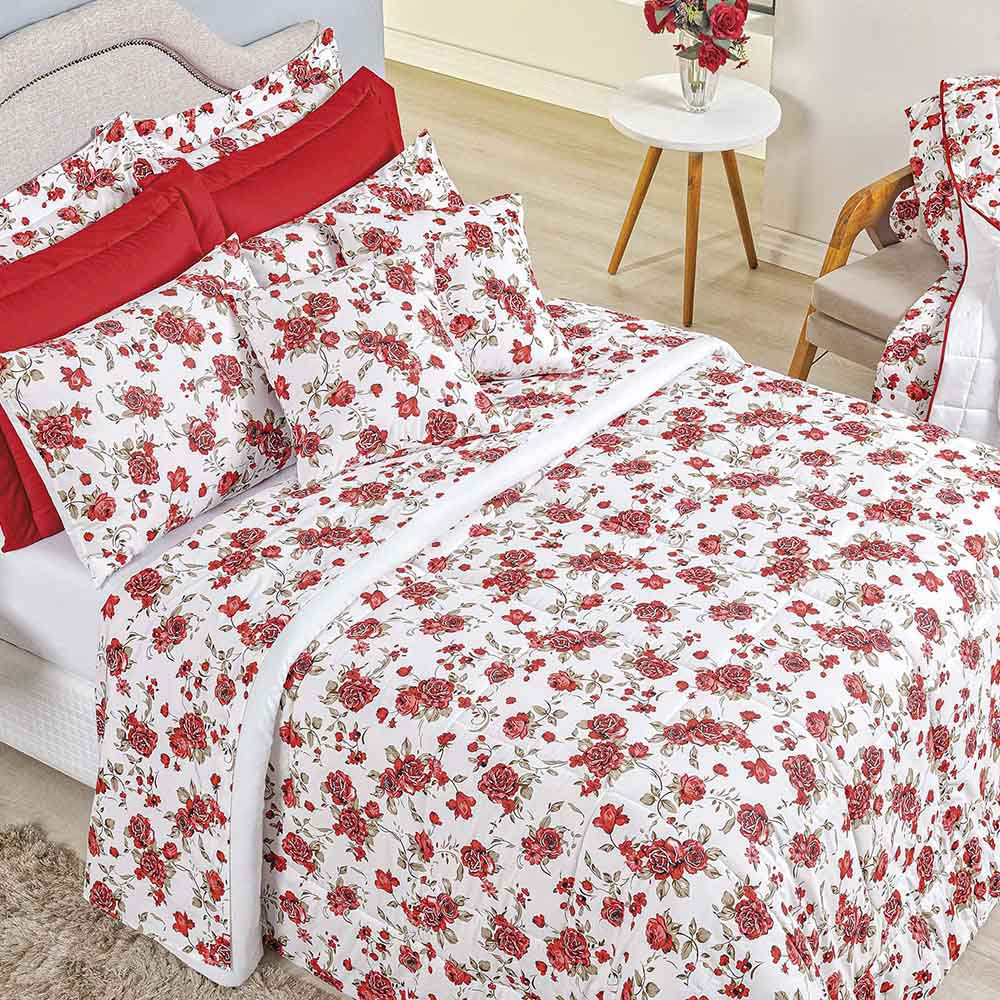 Kit Edredom Supreme Queen 5 Peças 100% Algodão 200 Fios Estampado - Rosas Vermelha