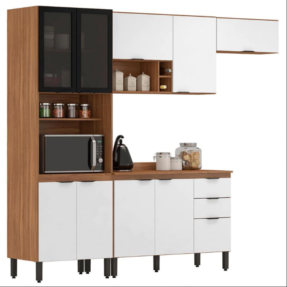 Cozinha Completa Demóbile Firenze com 10 Portas, 2 Gavetas e 7 Prateleiras Marrom/Cinza