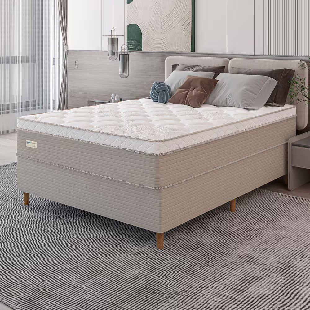 Cama Box Casal Umaflex Milão com Revestimento em Malha + Colchão com Euro Pillow e Molas Ensacadas