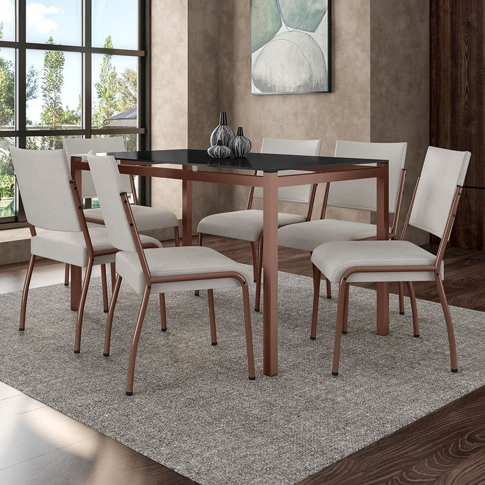 Mesa de Jantar Retangular Fabone Alexa Tampo de Vidro + 6 Cadeiras Dora