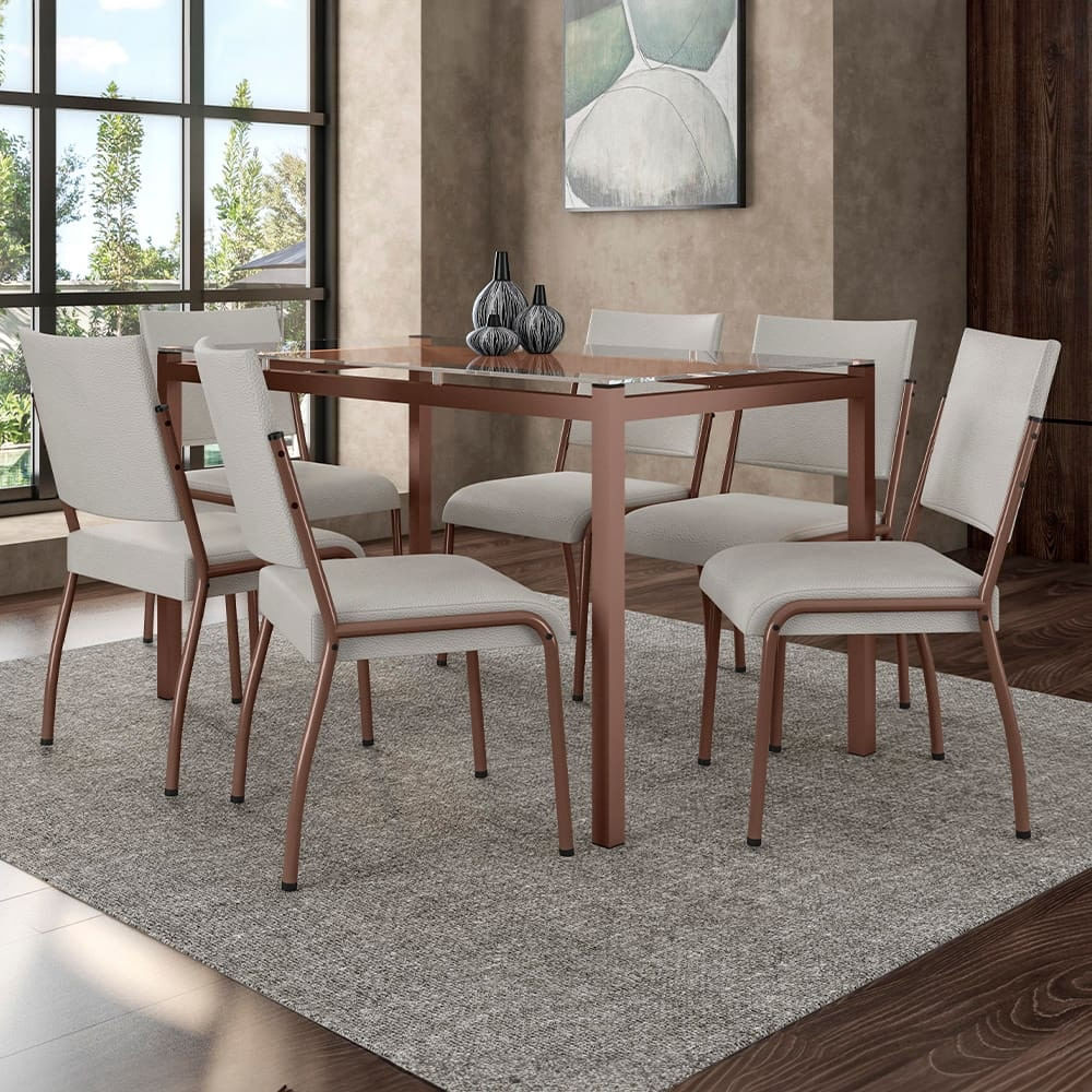 Mesa de Jantar Retangular Fabone Alexa Tampo de Vidro + 6 Cadeiras Dora