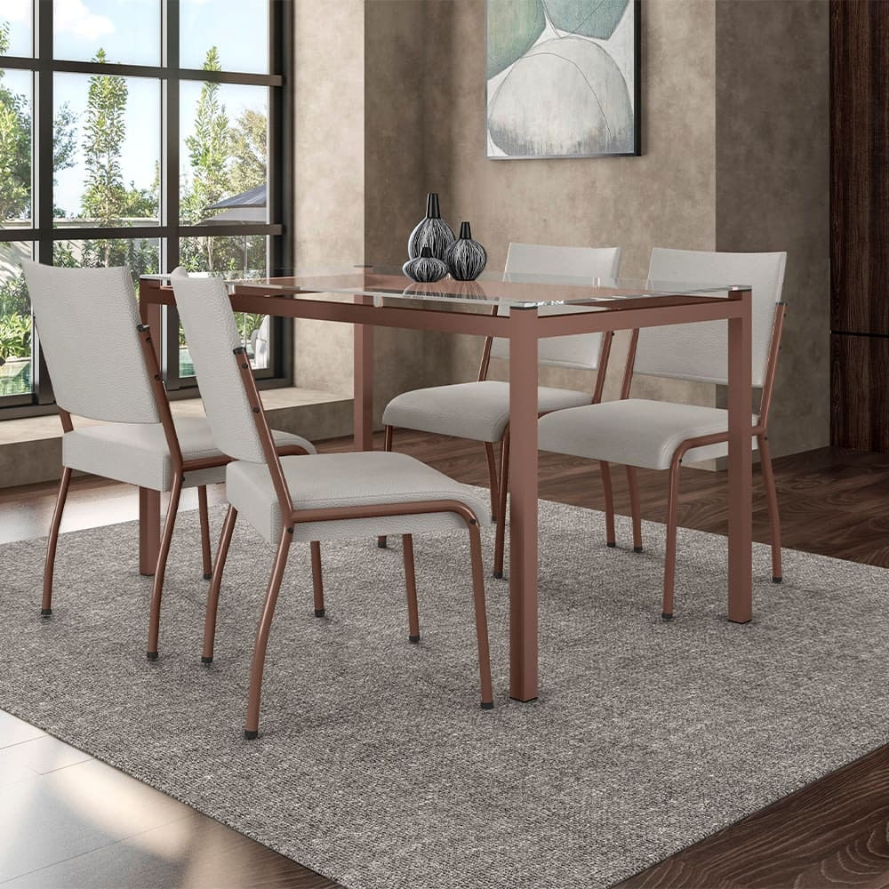 Mesa de Jantar Fabone Alexa Tampo de Vidro + 4 Cadeiras de Jantar Fabone Dora