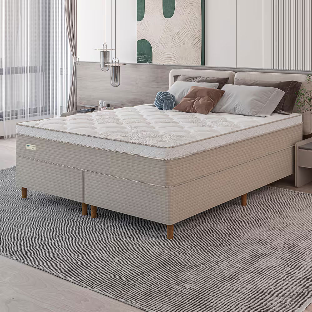 Cama Box King Size Umaflex Milão Bipartida com Revestimento em Malha + Colchão com Euro Pillow e Molas Ensacadas