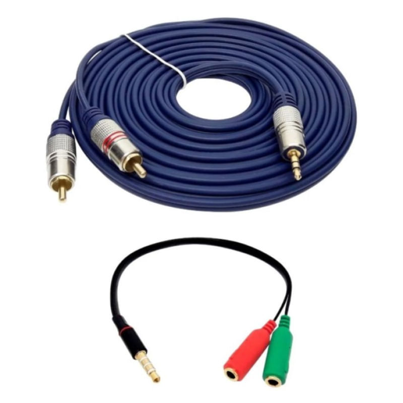Kit Cabo P2 Estéreo X 2 Rca 3 Mt + P3(m) Para P2 Mic/fone(f)