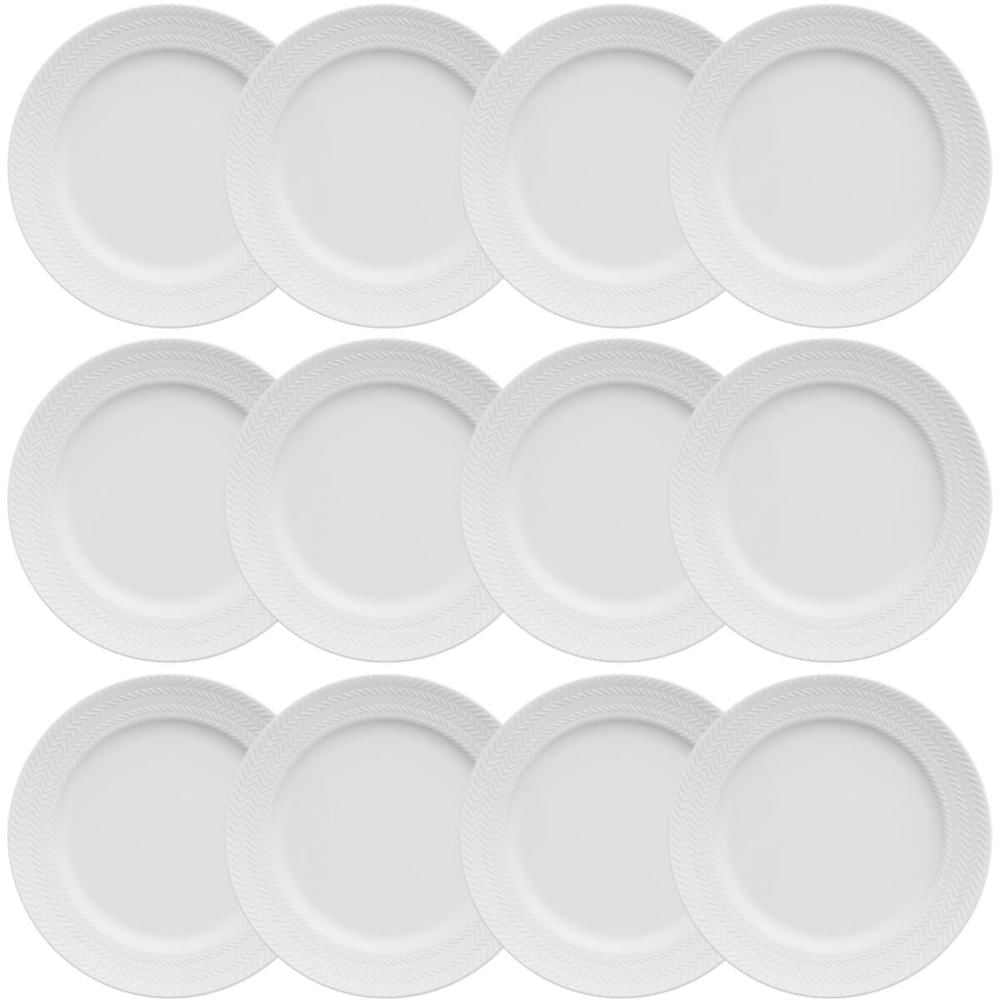 12 Pratos de Sobremesa 21cm Porcelana Relevo Chevron Germer Redondo Branco