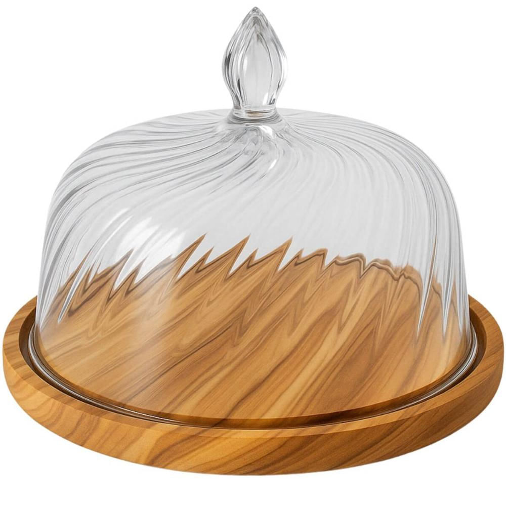 Boleira Rústica de Madeira com Cúpula Plástica 30cm Redonda Bolos Tortas