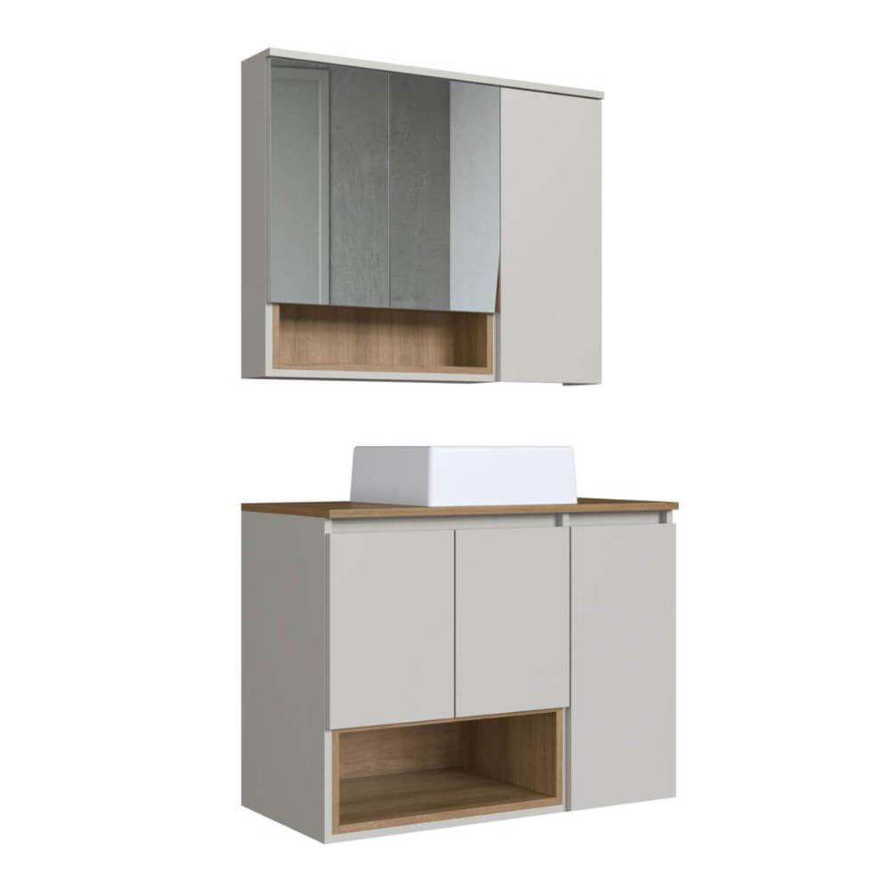Gabinete 80cm Cecília Mel Arenas com Espelheira Cuba Branca 3 Portas E 1 Nicho De Banheiro