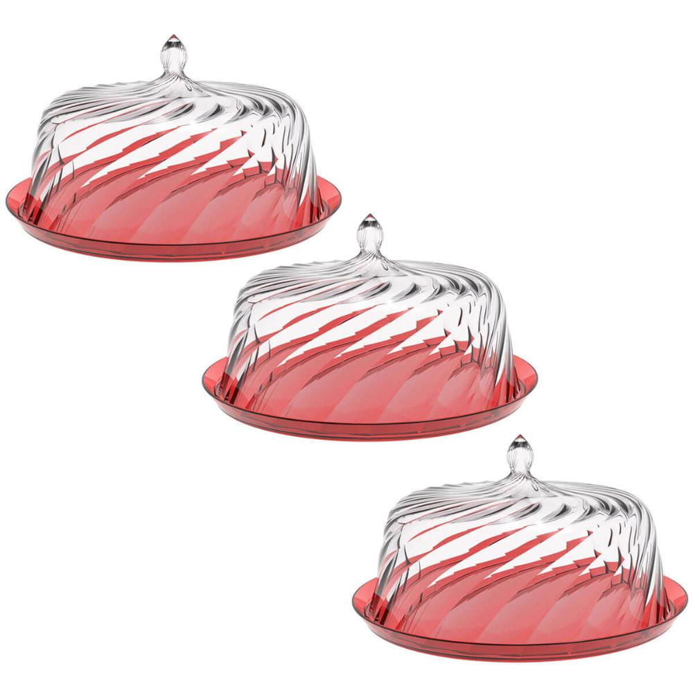 Kit 3 Boleiras com Cúpula 30cm Torta Doces Crippa Vermelho Transparente Padaria Hotel