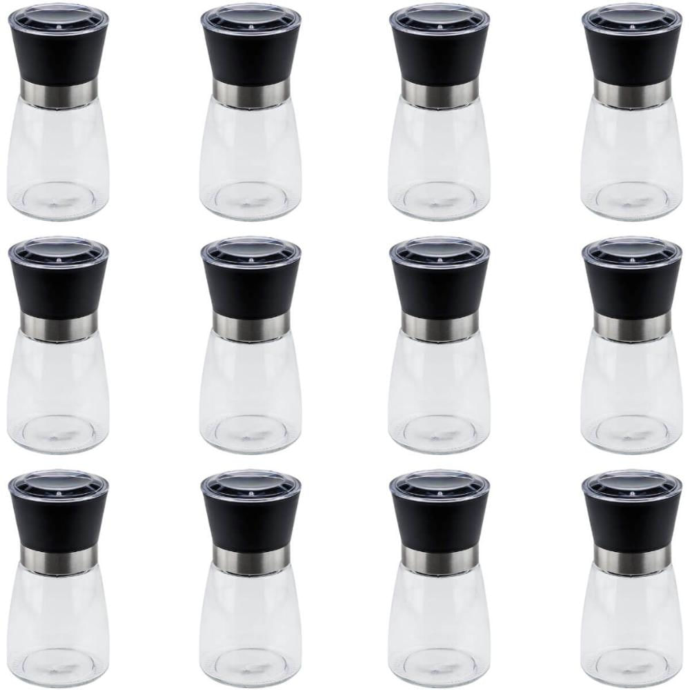 Kit 12 Moedores de Sal e Pimenta Lyor 170ml Vidro Moinho de Cerâmica e Tampa Plástica Preta