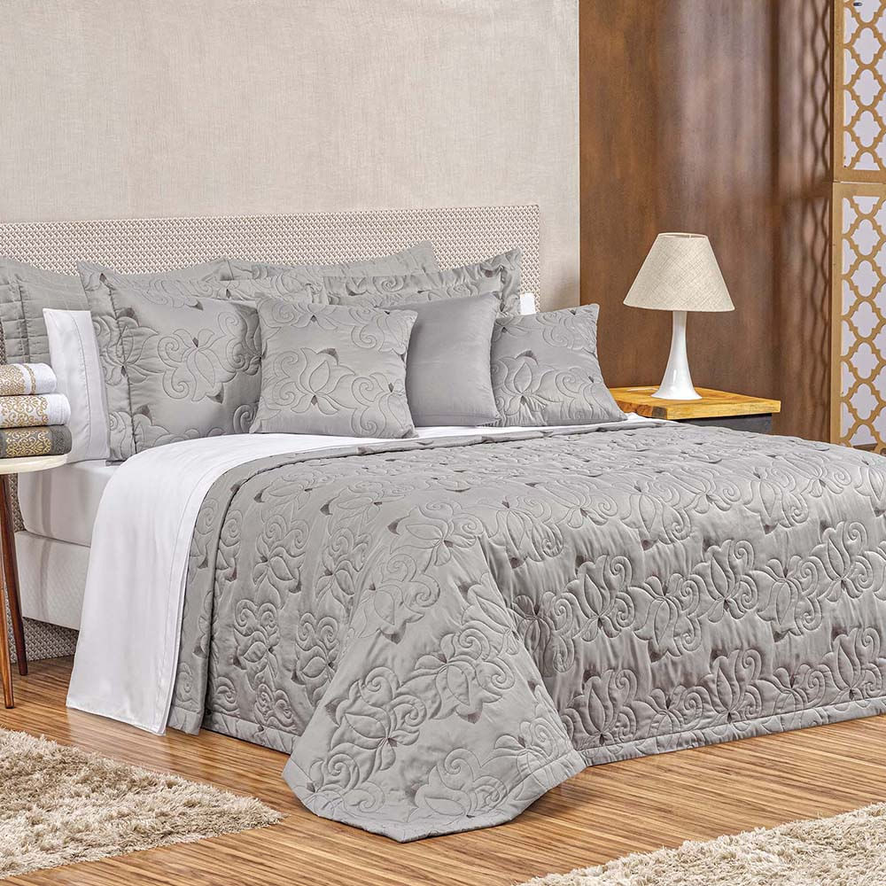 Kit Cobre Leito Colcha Marie King 3 Peças Bordado Floral 180 Fios - Cinza
