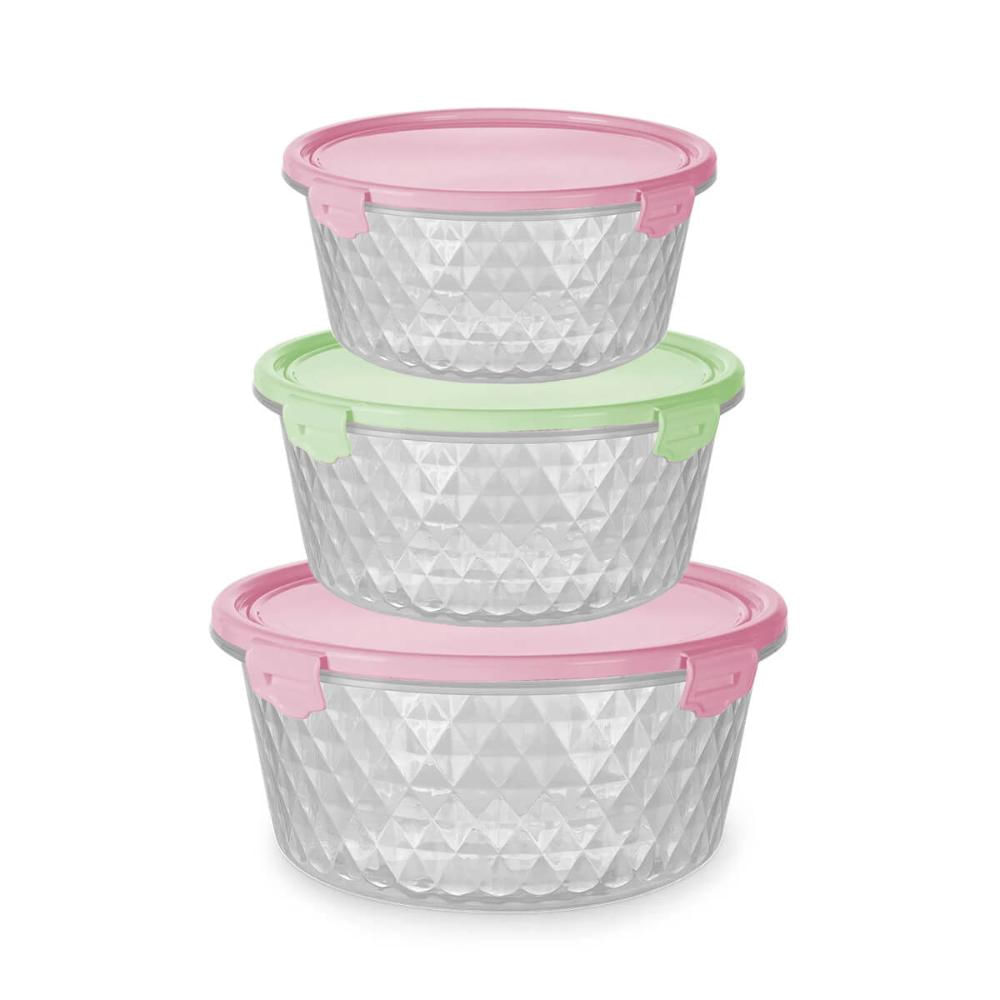 Conjunto 3 Potes Plasvale P M G Vasilhas de Plástico Tampa com Trava Colorida Cristal