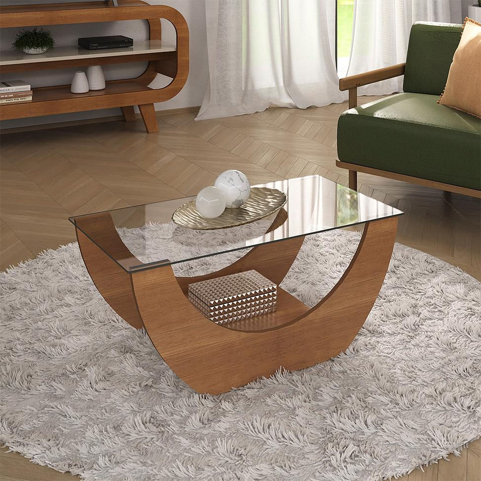 Mesa de Centro Retangular com Tampo de Vidro Onda Cinamomo